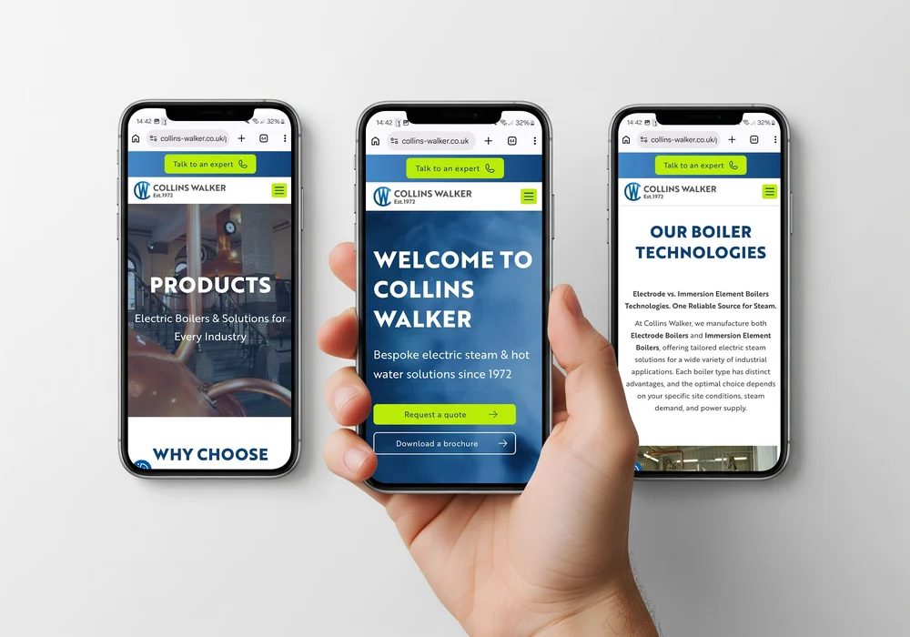 Three smartphones showing Collins Walker mobile pages, the centre phone held in hand