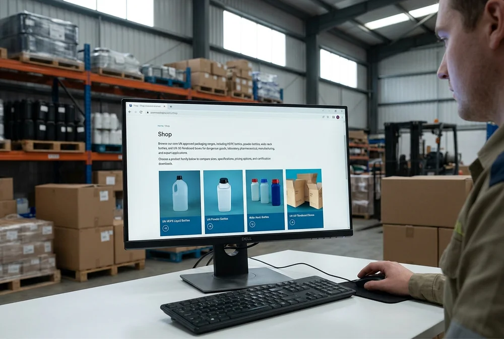 JR Packaging online shop shown on a desktop monitor in a warehouse