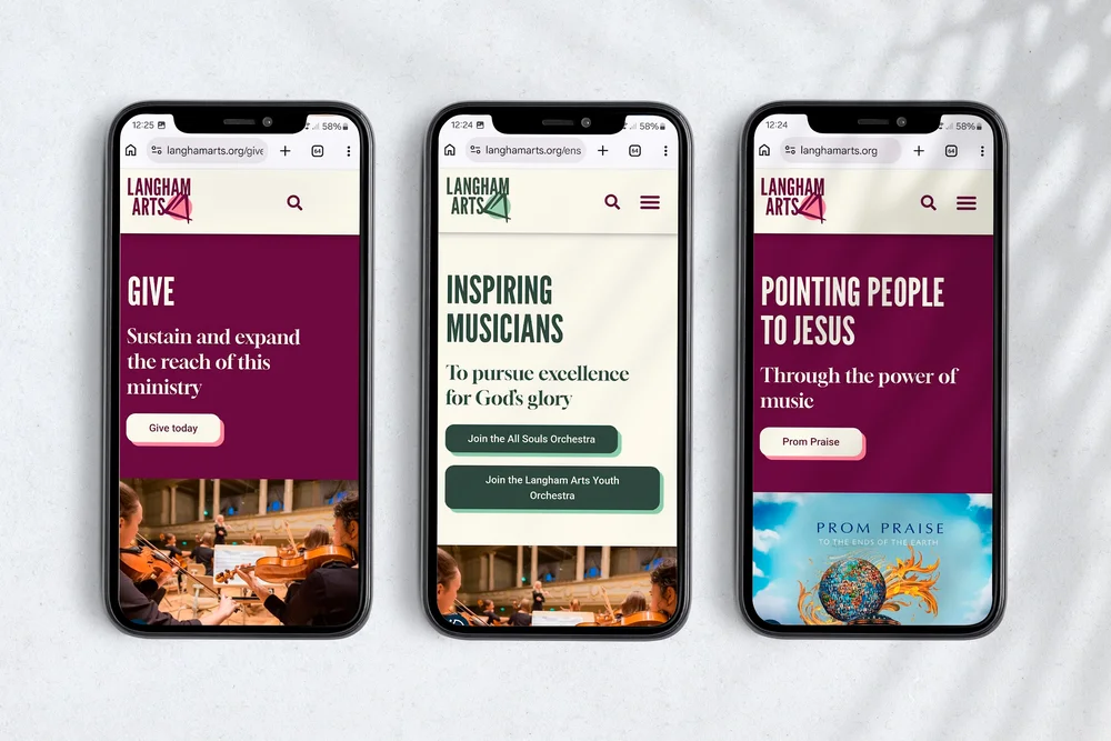 Three smartphones showing Langham Arts website pages