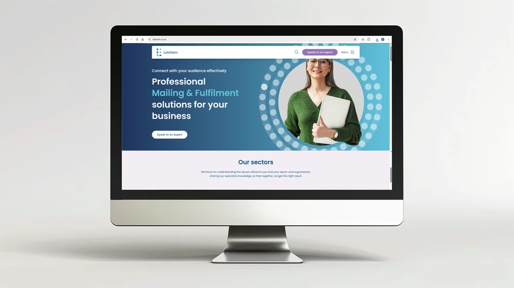 Latcham Direct 'Mailing & Fulfilment' homepage shown on a desktop monitor