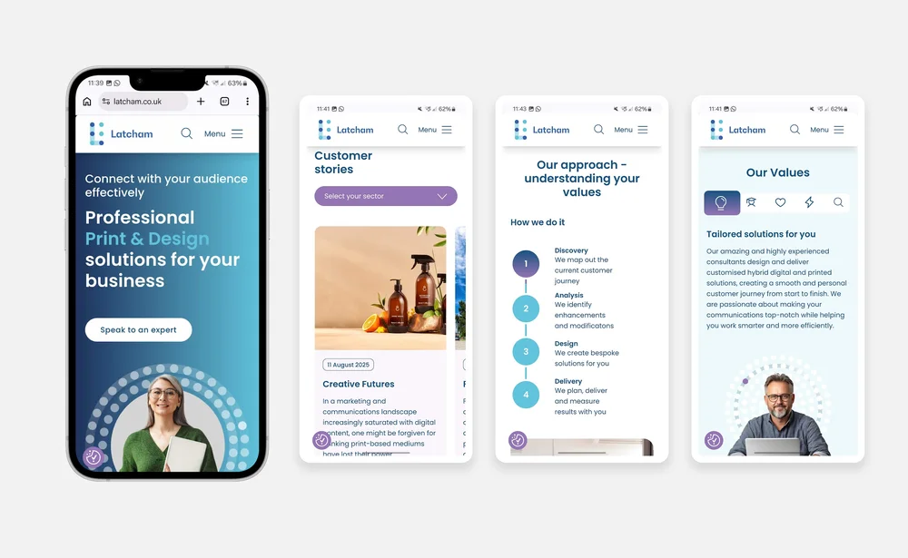 Latcham Direct website shown across a smartphone and three mobile page mockups