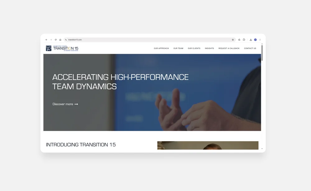 Transition 15 homepage 'Accelerating high-performance team dynamics' shown in a browser window