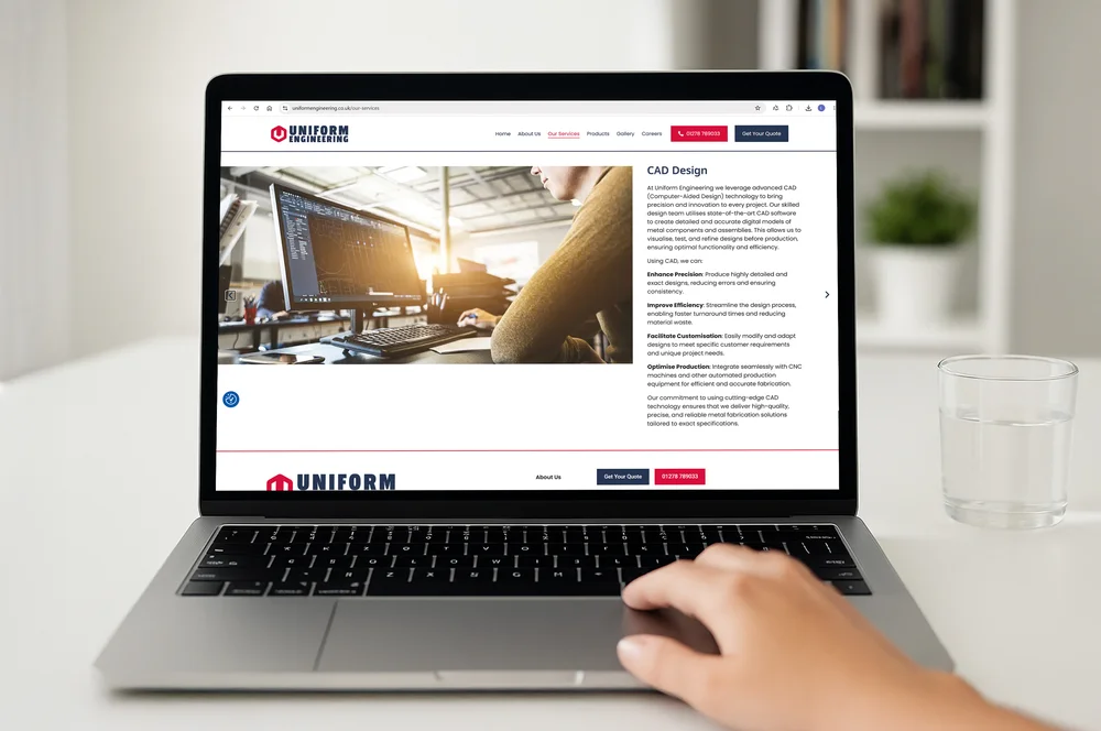 Uniform Engineering 'CAD Design' page shown on a MacBook