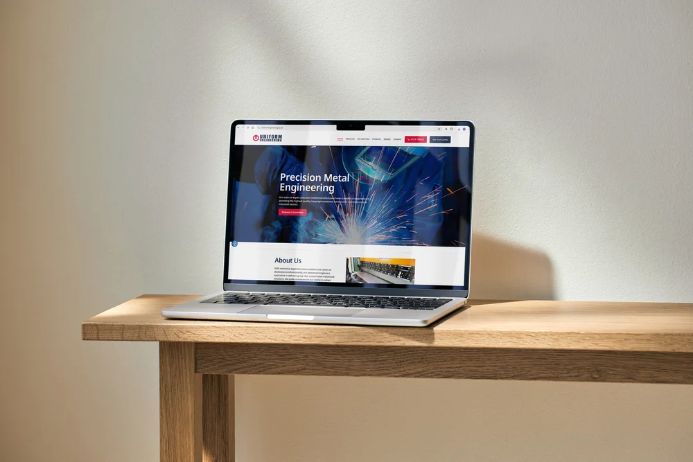 Uniform Engineering 'Precision Metal Engineering' homepage shown on a MacBook